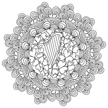 Ornate Mandala With Clover Leaves And A Harp In The Center, St. Patrick's Day Coloring Page