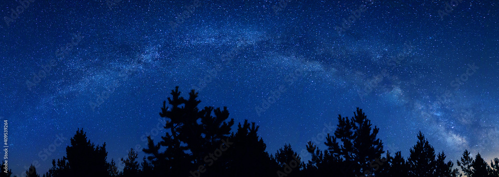 Milky Way landscape panorama. Panoramic view of the arch of the Milky Way on a starry dark night. Connect to nature under the stars in magical blue sky. Universe, dreams and real outdoor adventure. - obrazy, fototapety, plakaty 