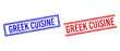 © Tensor Designs - GREEK CUISINE stamp overlays with distress style. Vectors designed with double lines, in blue and red versions. Label placed inside double rectangle frame and parallel lines.
