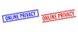 © Tensor Designs - ONLINE PRIVACY rubber watermarks with grunge texture. Vectors designed with double lines, in blue and red variants. Tag placed inside double rectangle frame and parallel lines.