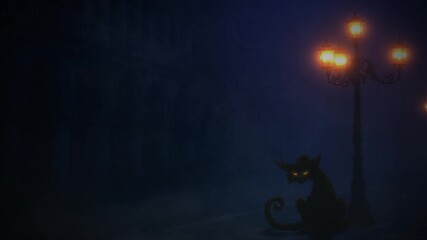 Wall Mural - black alley cat by a lamp post 4k loop features a black cat with blinking yellow eyes sitting under 