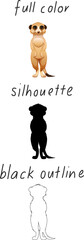 Wall Mural - Set of meerkat in color, silhouette and black outline on white background