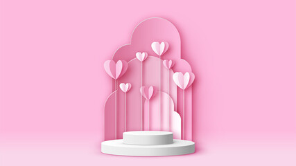 Circular stage podium for Valentine's decorated with Hearts and blank space. Valentine's mockup template. paper cut and craft style. vector, illustration.
