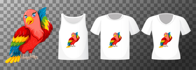 Poster - Set of different shirts with parrot bird cartoon character isolated on transparent background