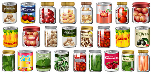 Canvas Print - Set of different canned food and food in jars isolated