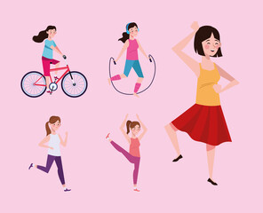 Poster - girls practicing exercises characters healthy lifestyle