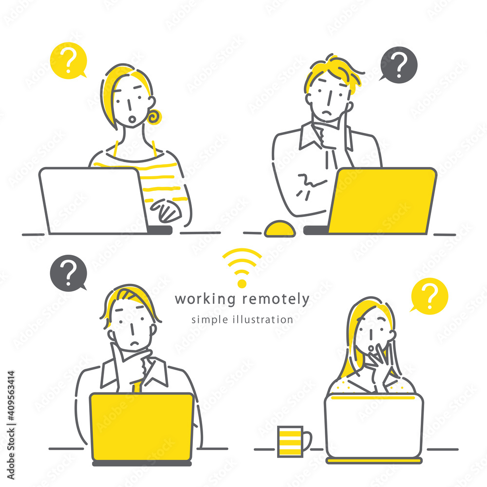 テレワークで働く人々のシンプルでおしゃれな線画イラスト素材 疑問 はてな Stock Gamesageddon