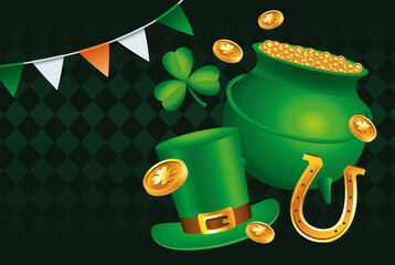 Poster - happy saint patricks day poster with treasure cauldron and tophat