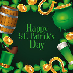 Poster - happy saint patricks day lettering with treasure cauldron and beers