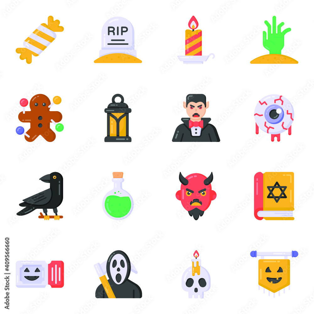 Horror Icons of Halloween in Flat Design Stock Vector | Adobe Stock