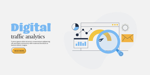 Digital marketing and web traffic analytics - line art vector illustration concept, web banner.