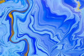 Wall Mural - Fluid art texture. Abstract background with swirling paint effect. Liquid acrylic artwork with beautiful mixed paints. Can be used for interior poster. Blue, golden and cyan overflowing colors