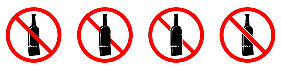 Wall Mural - Alcohol is forbidden. Glass bottle icons set. Stop alcohol icon. Vector illustration.