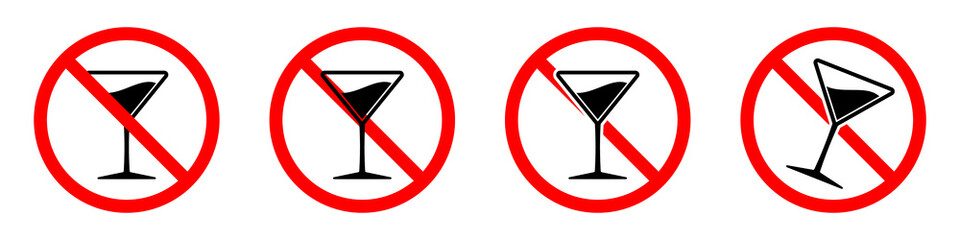 Poster - Alcohol is forbidden. Martini glass with ban icon. Stop alcohol icons set.