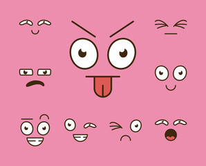 Wall Mural - bundle of nine cartoon faces emoticons in pink background