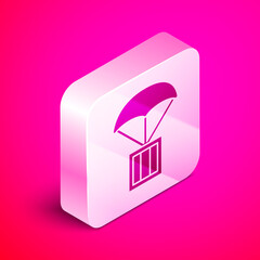 Canvas Print - Isometric Airdrop box icon isolated on pink background. Silver square button. Vector.