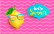 Hipster lemon in orange sunglasses greeting summer on pink vintage background. Welcome banner for hot season. Hello party, fun and picnics. Bright poster with exotic fruit. Vector illustration.