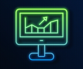 Glowing neon line Computer with stocks market growth graphs and money icon isolated on blue background. Monitor with stock charts arrow on screen. Vector.