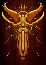 A Golden Angel With Two Curved Swords In His Hands, Wearing A Helmet With Wings, He Soars In The Air In A Symmetrical Pose. 2d Illustration