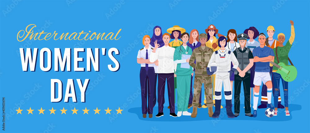 International women's day. Group of women with various occupations. Vector - obrazy, fototapety, plakaty 
