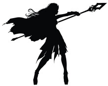 The Black Silhouette Of A Graceful Sorceress Girl Standing In A Casting Pose , Her Cloak And Hair Swaying In The Wind, She Has The Thin, Fragile Legs Of An Elf. 2d Illustration