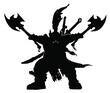 The black silhouette of a dwarf warrior brandishing two axes to the sides, two swords sheathed behind him, his eyes glowing in the dark. 2d illustration