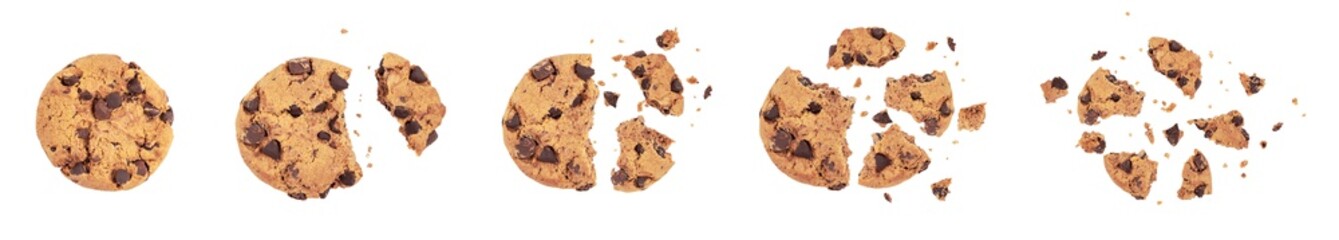 Isolated clipping path of die cut dark chocolate chip cookies piece stack and crumbs on white background of closeup tasty bakery organic homemade American biscuit sweet dessert