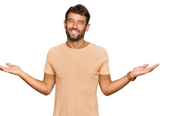 Poster - Handsome young man with beard wearing casual tshirt smiling showing both hands open palms, presenting and advertising comparison and balance