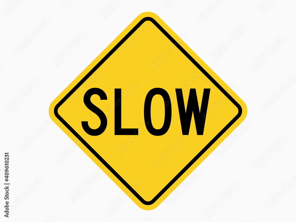 isolated slow speed warning sign, symbol on yellow round square on white color background element for road board, label, banner etc. flat vector design. - obrazy, fototapety, plakaty 