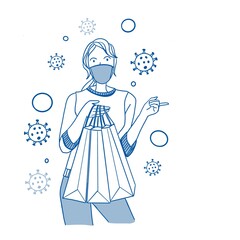  illustration of a girl shopping and coronavirus around her.