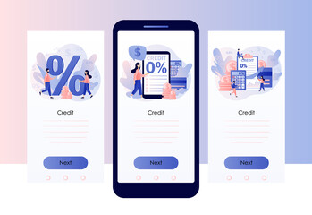 Bank credit concept. Percent, good interest rate, interest-free. Finance management. Tiny people signing loan agreement. Screen template for mobile smart phone. Modern flat cartoon style. Vector