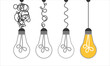 © GOLDMAN - Simplification concept art with light bulb idea. Simple and creative think or search creative idea. Difficulty curve doodle path chaos. Untangle curve complex scribble vector illustration. Problem way