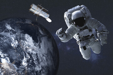 Wall Mural - giant astronaut and satellite telescope near earth planet of solar system at night. science fiction 