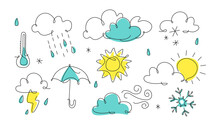 Weather Icon In Line Art. One Line Style Forecast Illustration, Continuous Line. Art Outline. Cloud, Sun, Thunder, Rain, Snowflake, Wind.
