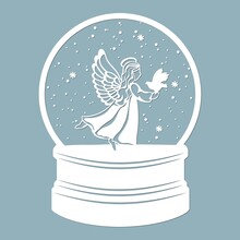 A Snow Globe, An Angel With Wings. Laser Cutting. Vector Illustration. Template For Laser Cutting, Plotter And Screen Printing.