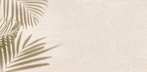 Wall Mural - Banner of Palm leaf shadow on sand, top view, copy space