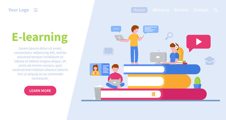 Wall Mural - Landing page template. E-learning at home in quarantine. Online education. Students in different positions and with different devices in the online learning process. Big books. Online work. Covid-19.