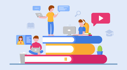 Wall Mural - E-learning at home in quarantine. Online education. Students in different positions and with different devices in the online learning process. Big books. Online work. Covid-19. Flat illustration.