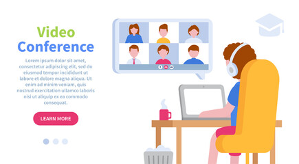 Wall Mural - Web banner concept for video conference and video tutorial. Online education. E-learning. Can be used on websites and mobile applications. Student in the learning process. Online work. Online courses.
