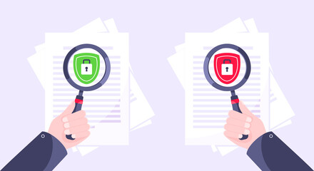 Wall Mural - Privacy policy, safety lock and data protection metaphor set. Hand hold magnifier shield with padlock on the paper with personal data security protection symbol flat style design vector illustration.