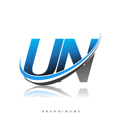 UN initial logo company name colored blue and black swoosh design, isolated on white background. vector logo for business and company identity.