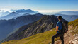 © Chris - A man in a hiking outfit with a panoramic view on the haze shrouded valley from the way to Mittagskogel in Austrian Alps. Clear and sunny day. Endless mountain chains. Outdoor activity. Achievement
