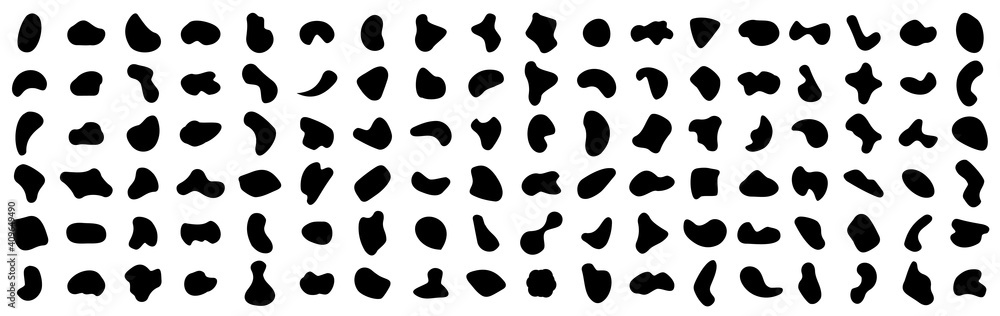 Set random abstract blotch shapes. Liquid shape elements. Black round blobs collection. Fluid dynamic forms. Rounded spot or speck of irregular form. Pebble, blotch, inkblot, stone and drops. - obrazy, fototapety, plakaty 