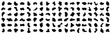 Set Random Abstract Blotch Shapes. Liquid Shape Elements. Black Round Blobs Collection. Fluid Dynamic Forms. Rounded Spot Or Speck Of Irregular Form. Pebble, Blotch, Inkblot, Stone And Drops.