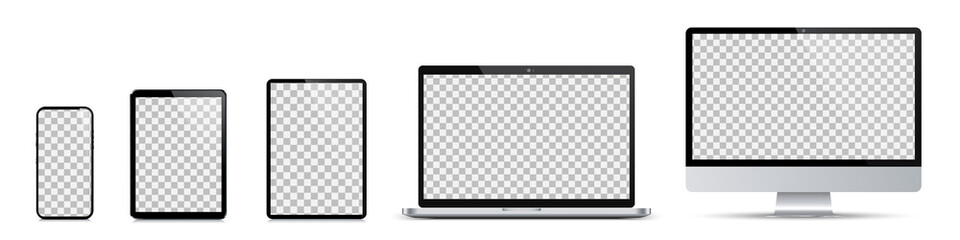 Poster - Set of mockup technology devices with empty display computer, laptop, tablet and mobile phone, different model - vector