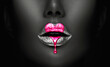 Leinwandbild Motiv Pink Paint heart dripping, lipgloss drops on sexy lips, bright liquid paint on beautiful model girl's mouth, black skin. Lipstick. Make-up. Beauty face makeup, close up. Love, Valentine's Day concept