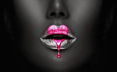 pink paint heart dripping, lipgloss drops on sexy lips, bright liquid paint on beautiful model girl'