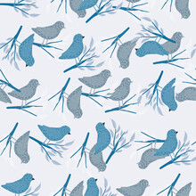 Seamless Botanic And Animal Flying Pattern With Random Blue Birds And Branches Ornament.