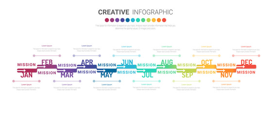  DYear planner, 12 months, 1 year, Timeline infographics design vector and Presentation business can be used for Business concept with 12 options, steps or processes. 