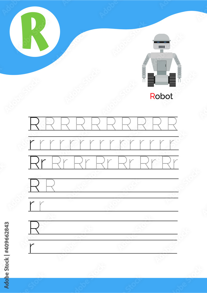 Letter R with a picture of robot and seven lines of letter R writing ...